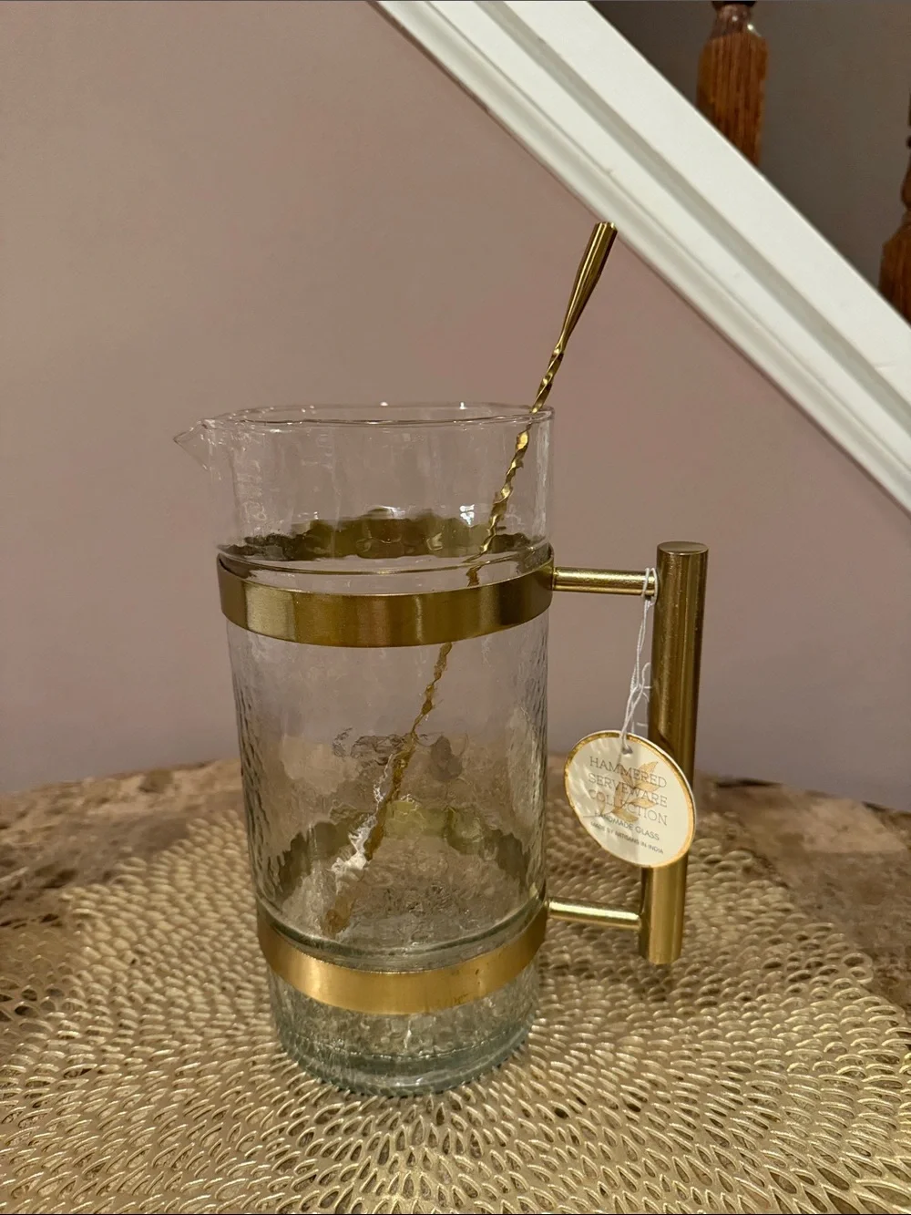 Hand-Blown Hammered Glass Pitcher with Gold Metal Handle with WS Bar Spoon